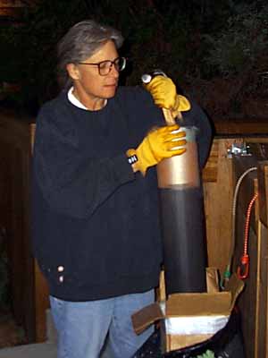 Sue packing the mandrel with dry ice
